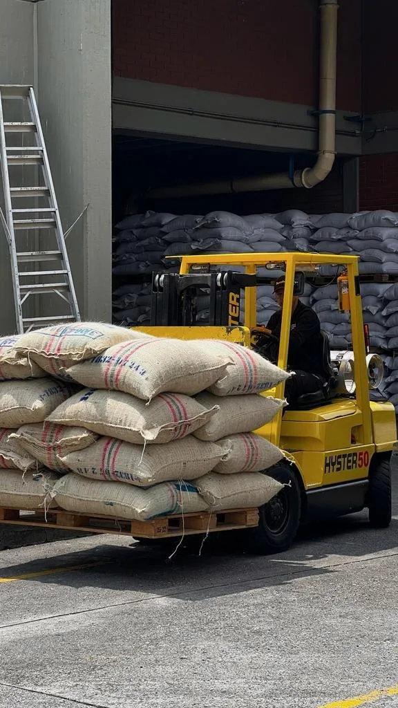 Sacos de café verde apilados sobre un montacargas amarillo, en la zona de carga de un almacén